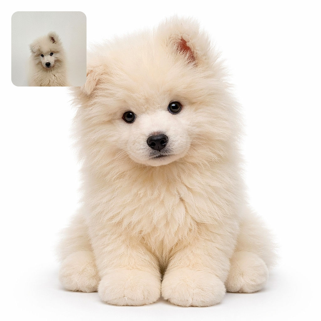 A fluffy white puppy stares solemnly into the camera like it just remembered a very important nap to attend. Plush fur halo, tiny black button nose, and one ear doing its best impression of a hat — minimal background so all the drama belongs to the floof.