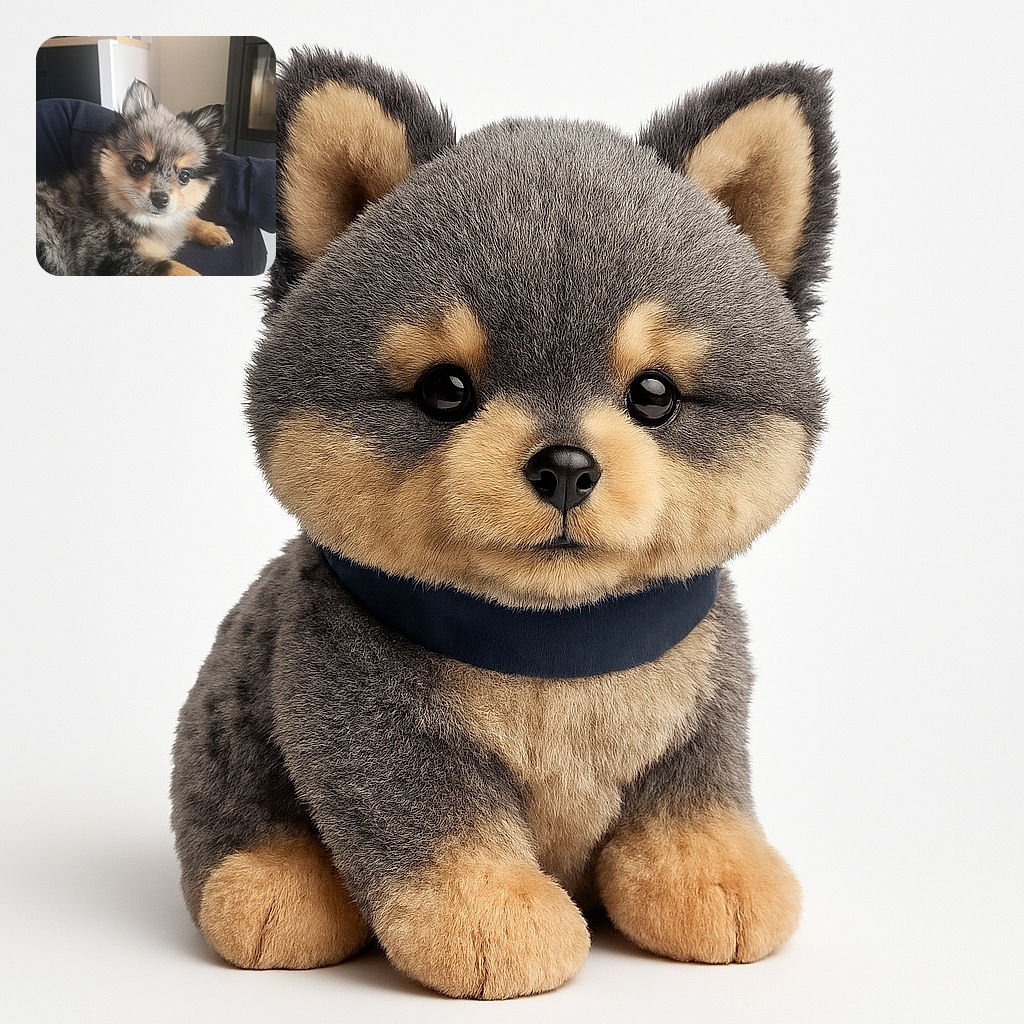 A fluffy, wide-eyed puppy with a mix of black, gray, and tan fur lounges comfortably on a dark fabric, gazing curiously at the camera with a cozy indoor background featuring a kitchen counter and appliances.