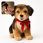 A cute dog lounging comfortably in a cozy green pet bed lined with a fluffy pink blanket, holding a plush monkey toy by a red ribbon in its mouth, looking up with curious eyes in a warmly lit indoor setting.