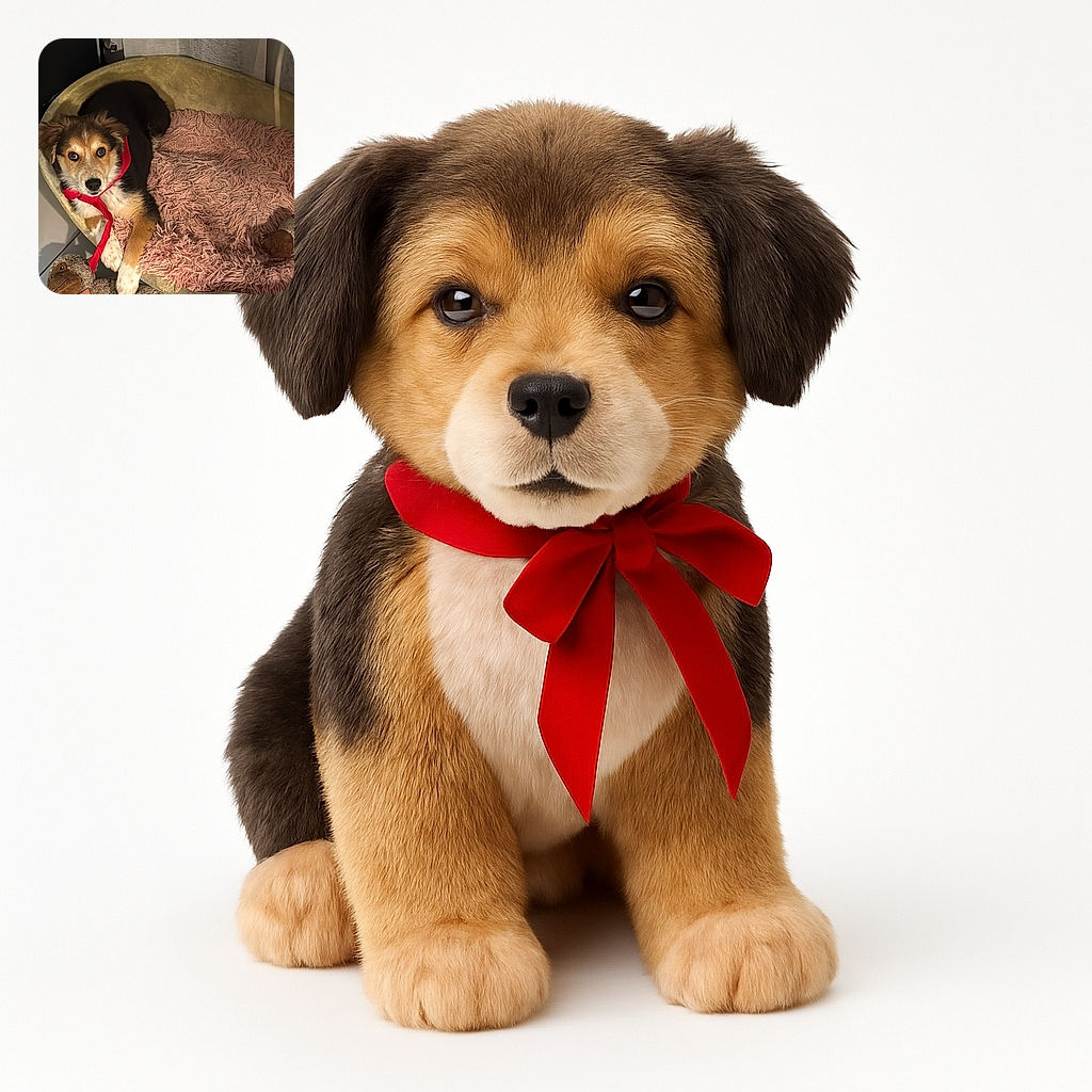A cute dog lounging comfortably in a cozy green pet bed lined with a fluffy pink blanket, holding a plush monkey toy by a red ribbon in its mouth, looking up with curious eyes in a warmly lit indoor setting.