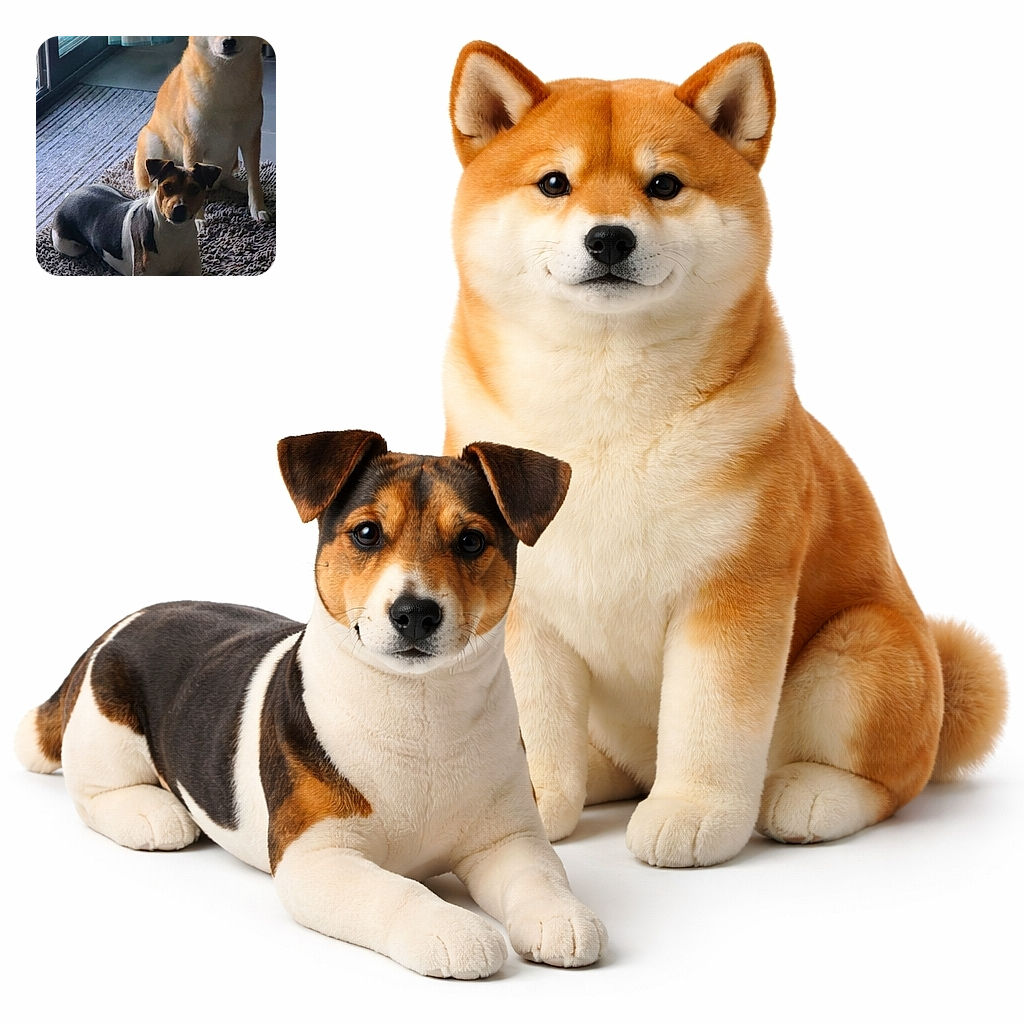 Two dogs chilling on a cozy rug by the window—one sitting tall and proud, the other lying down looking curious, bathed in soft natural light that highlights their fur and expressions.