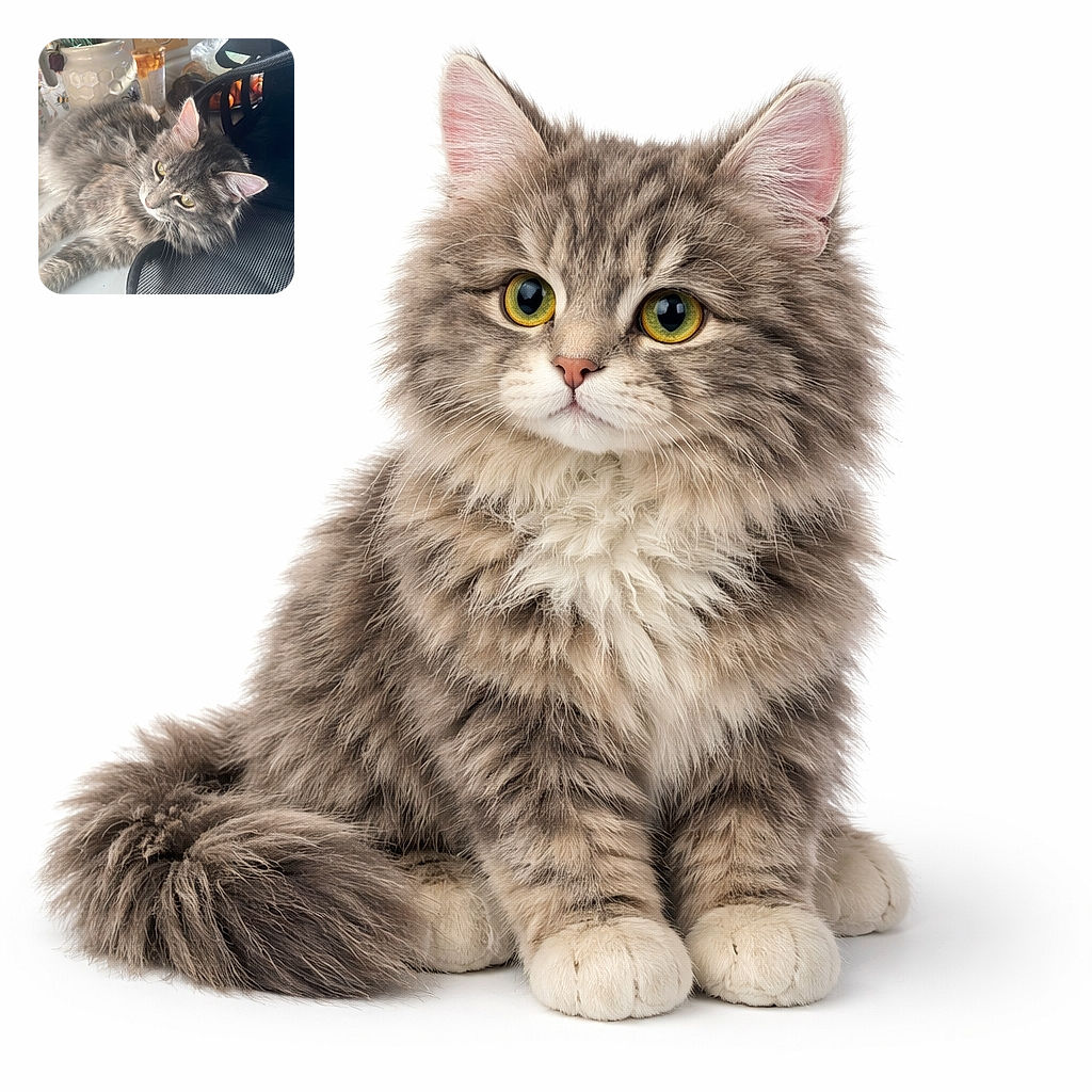 A fluffy grey cat has commandeered the counter, lounging with regal indifference across a mesh bag while sunbeams highlight its whiskers and golden eyes — looks like it's filing ownership paperwork for the vase and plant behind it.