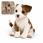 A cute puppy sits adorably on a patterned mattress surrounded by a white towel and pillow, looking up with big, curious eyes as if plotting its next playful move.