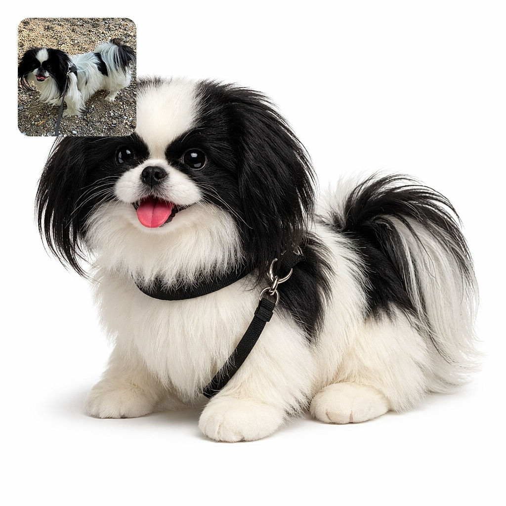 A fluffy black and white dog with a happy expression stands on a gravelly surface covered with small shells, looking ready for an adventure with its leash attached.