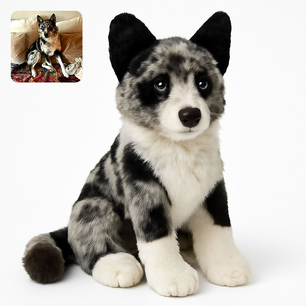 A striking dog with a mesmerizing merle coat and piercing eyes lounges comfortably on a couch adorned with neutral pillows and a vibrant floral blanket, looking like the king of cozy.