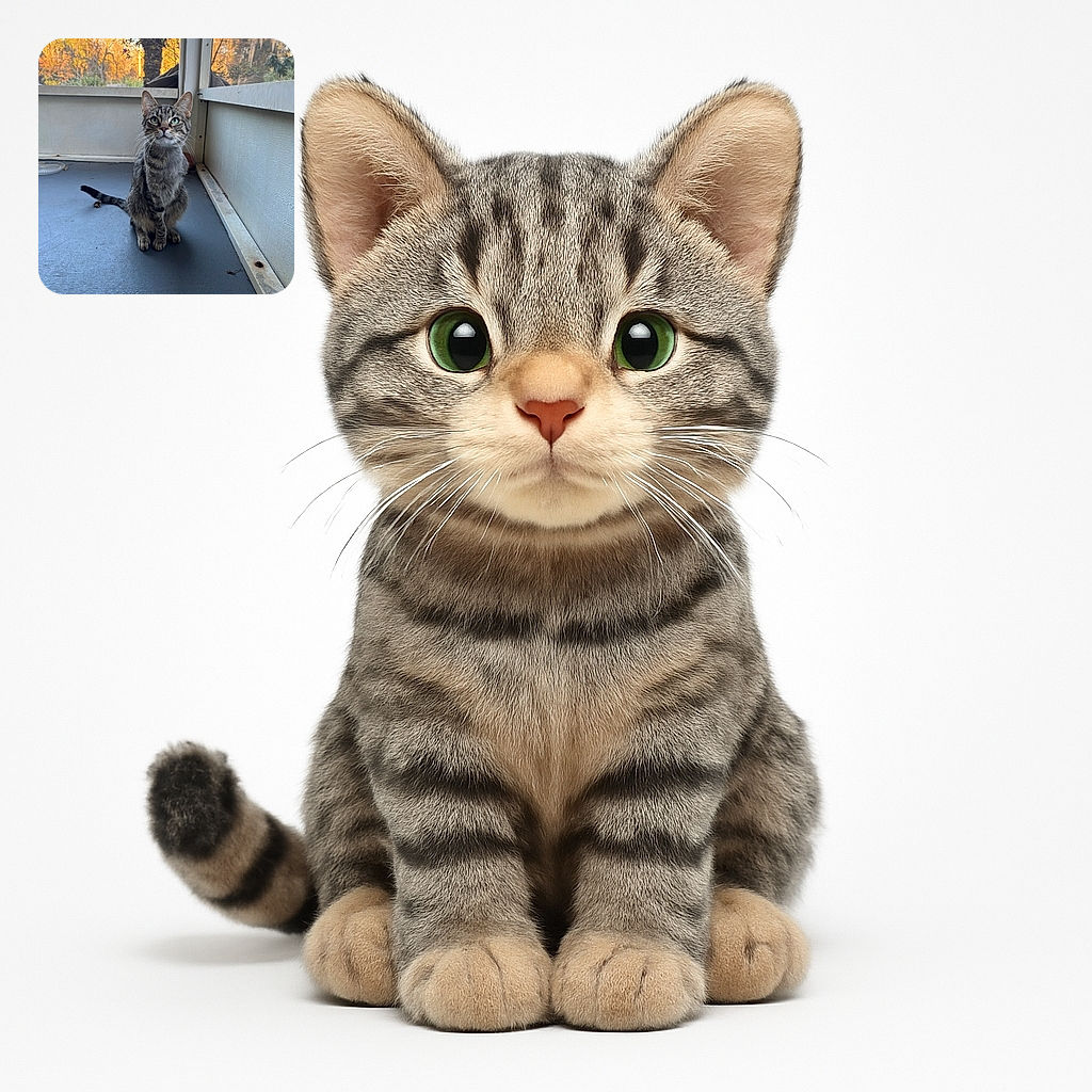 A curious tabby cat sits attentively on a porch floor, framed by a white railing and a mesh screen with a warm golden sunset illuminating the trees and palm in the background.