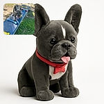 A happy French bulldog standing proudly on a blue ramp in a sunny park, surrounded by colorful bone-shaped toys, looking like the canine champion of the playground.