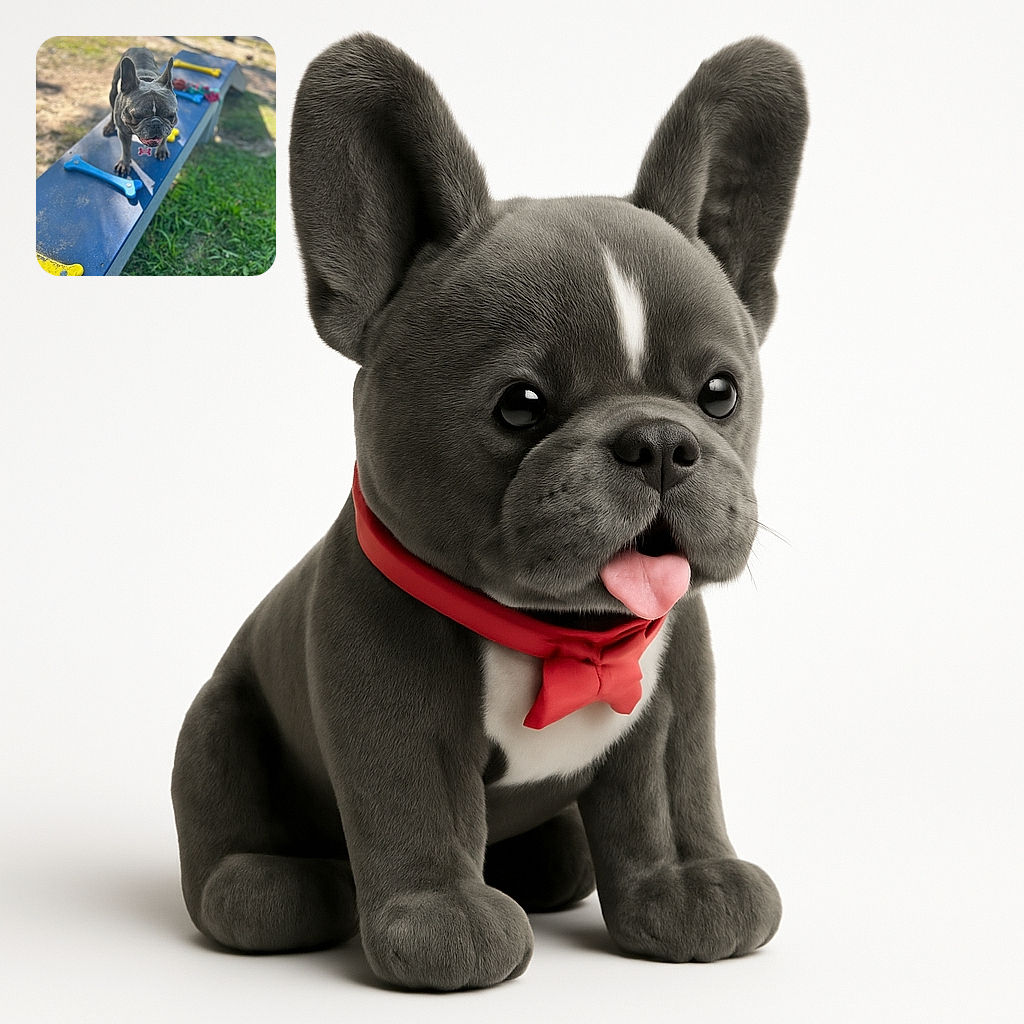 A happy French bulldog standing proudly on a blue ramp in a sunny park, surrounded by colorful bone-shaped toys, looking like the canine champion of the playground.