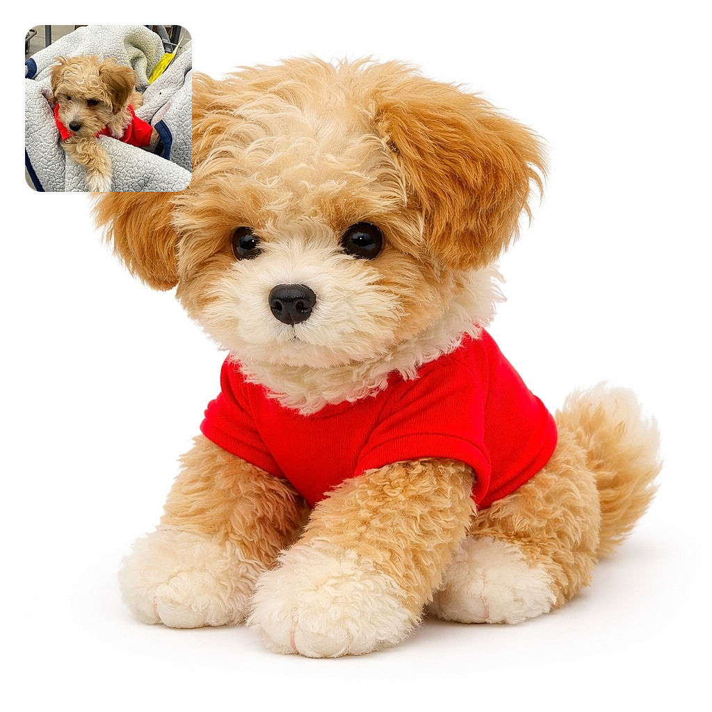 A tiny curly-haired puppy in a red sweater has commandeered a plush grey blanket in a shopping cart, one paw dramatically draped over the edge like it's posing for a pet magazine. It peers out with soulful eyes while a yellow tag photobombs from the bedding — auditioning for the role of Chief Cuddle Officer.