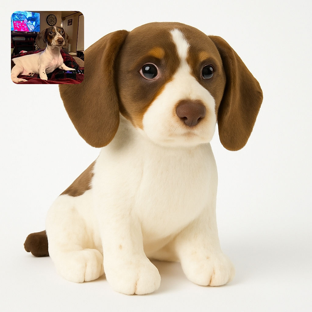 A curious dachshund with big floppy ears lounges on a cozy plaid blanket, holding a remote control like the boss of the living room, while a TV plays in the background and a vintage clock watches over the scene.