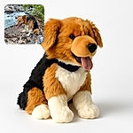 A happy dog with a fluffy tricolor coat is sitting on a rocky ledge next to a rushing mountain stream, tongue out and clearly enjoying the outdoor adventure surrounded by greenery and flowing water.