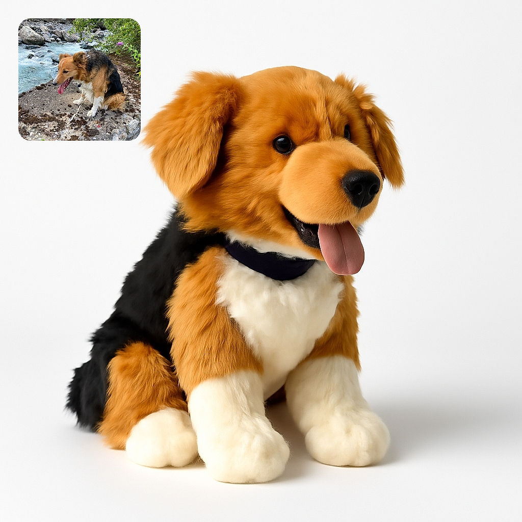 A happy dog with a fluffy tricolor coat is sitting on a rocky ledge next to a rushing mountain stream, tongue out and clearly enjoying the outdoor adventure surrounded by greenery and flowing water.
