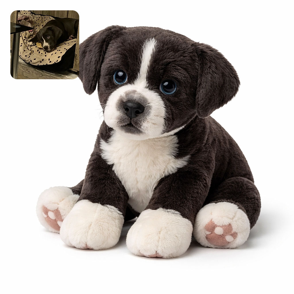 A sleepy grey-and-white puppy clutching a little chew toy while lounging on a spotted blanket inside a cozy wooden nook — gives the camera a slow, suspicious side-eye like it’s guarding treasure (or asking for a snack). Low-light phone charm: slightly grainy but absolutely irresistible.