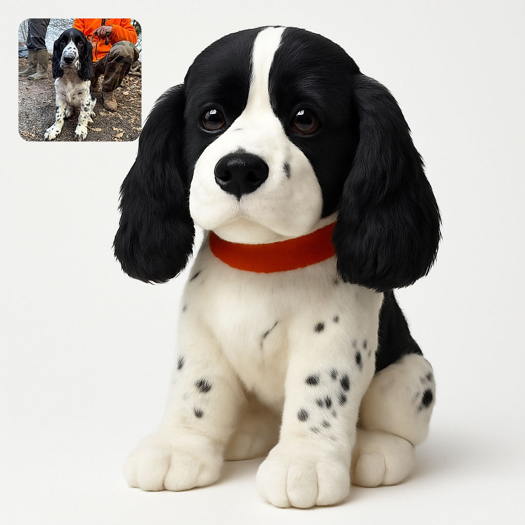 A charming black and white spotted dog sits attentively on a gravel path surrounded by fallen leaves, with two people nearby dressed in outdoor gear, one wearing a bright orange jacket and camo pants, creating a rustic and cozy outdoor vibe.
