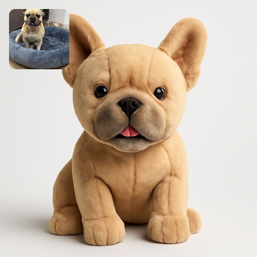 A charming French Bulldog sitting proudly in a fluffy gray dog bed, looking like the king of comfort with a slightly mischievous grin, surrounded by a cozy indoor setting with wooden flooring and a bit of wall wear.