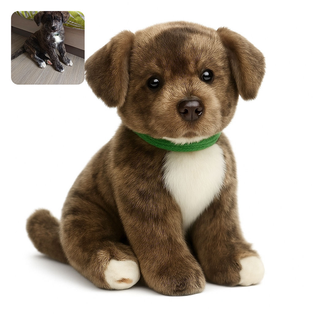 A fluffy brindle puppy with white paws and a green collar sits adorably on a wooden floor next to a bed with a green and white patterned blanket, looking curiously at the camera with a calm expression.