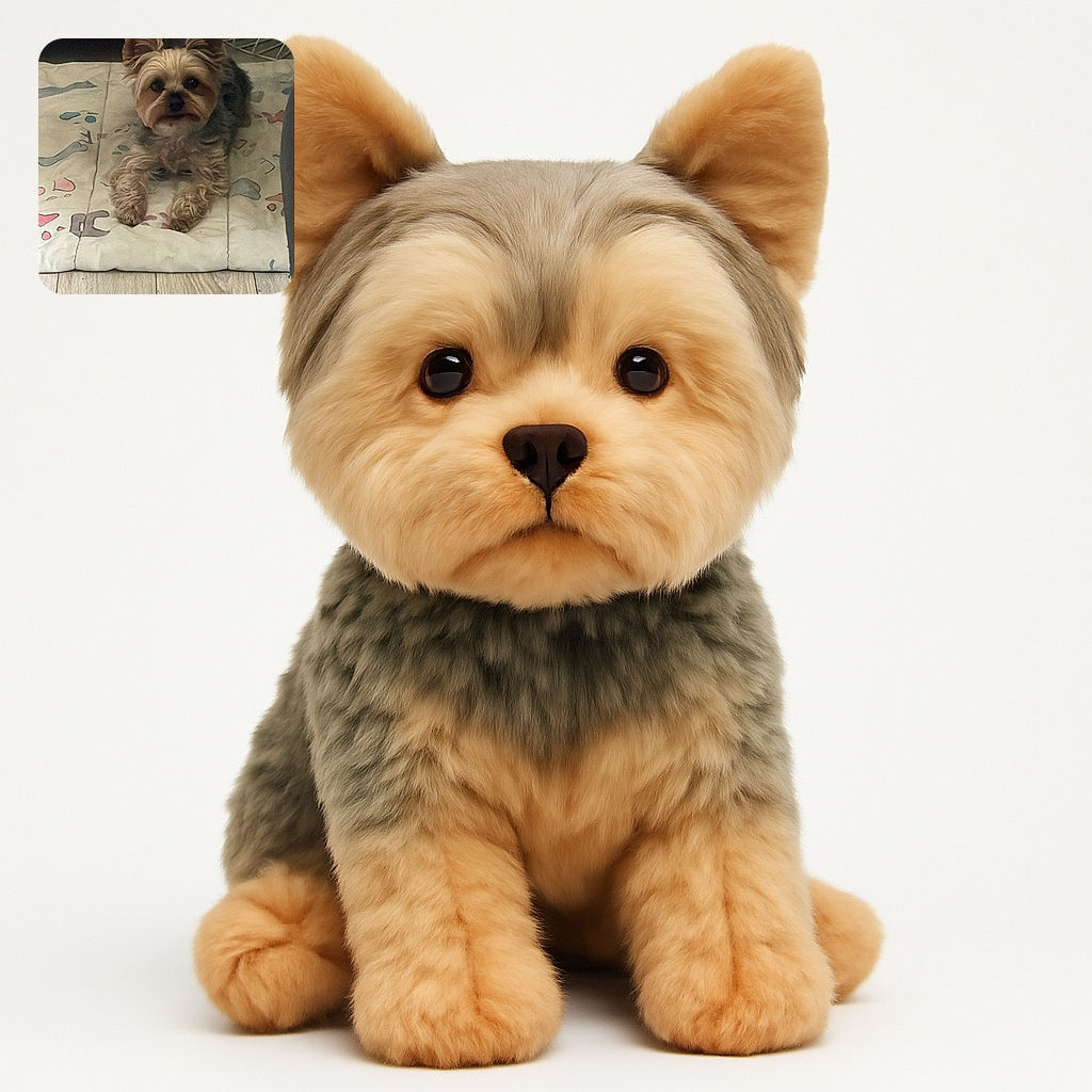 A small dog with fluffy ears and a cute face lies on a patterned mat on a wooden floor, looking directly at the camera with curious eyes, surrounded by household furniture and a wire basket in the background.