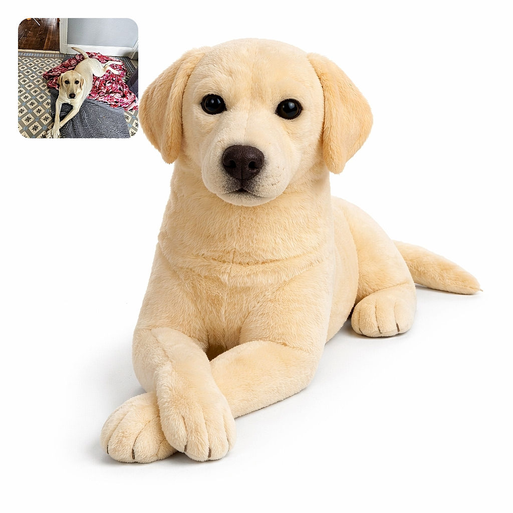 A calm yellow Labrador dog lounges elegantly on a cozy mix of a gray textured rug and a vibrant red floral blanket, perfectly crossing its paws as if posing for a portrait, set against a charming tiled floor and a neutral wall background.