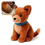 A cozy brown dog curled up tightly like a furry cinnamon roll, snoozing peacefully on a soft, plush bed with a knitted blanket nearby, radiating pure comfort and tranquility.