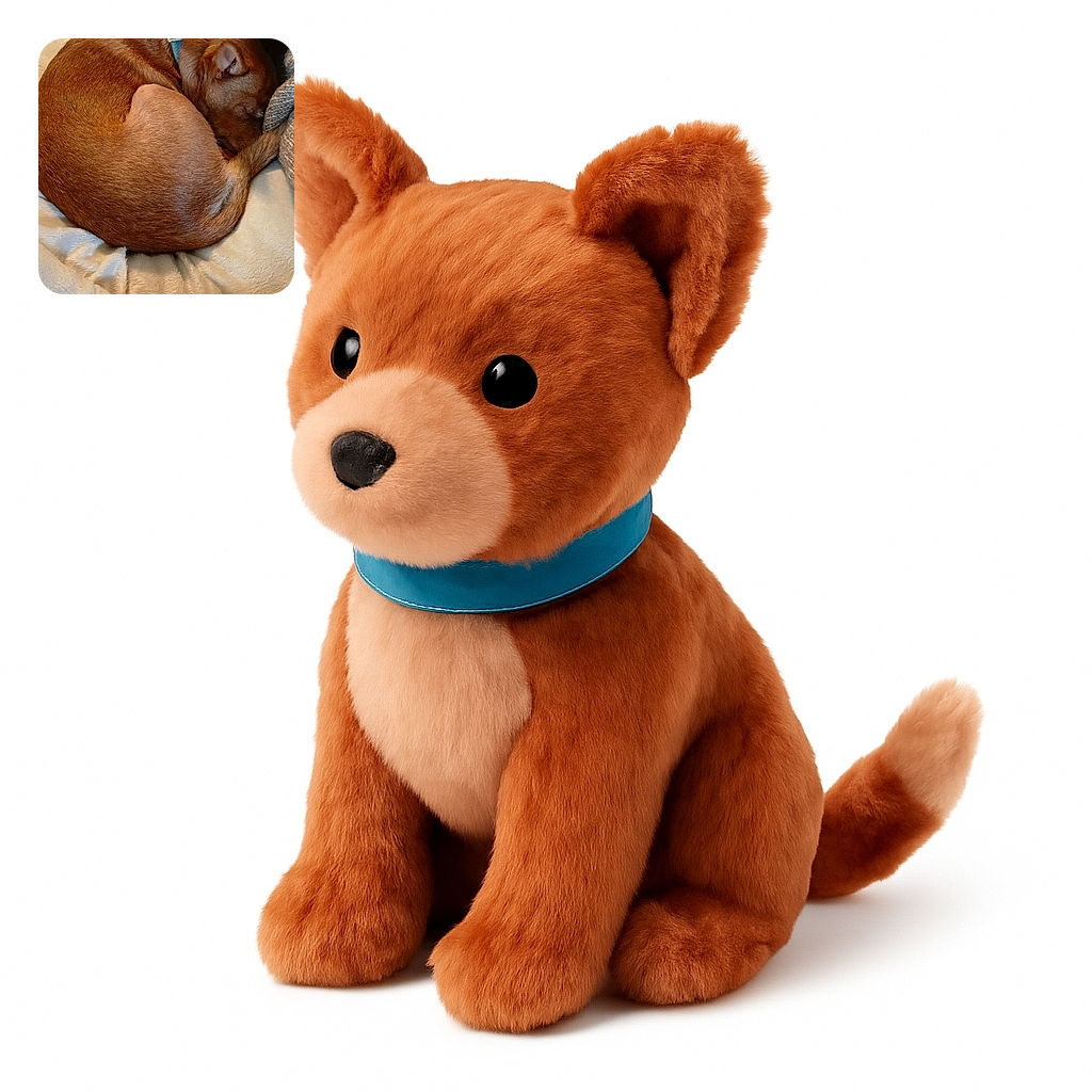 A cozy brown dog curled up tightly like a furry cinnamon roll, snoozing peacefully on a soft, plush bed with a knitted blanket nearby, radiating pure comfort and tranquility.