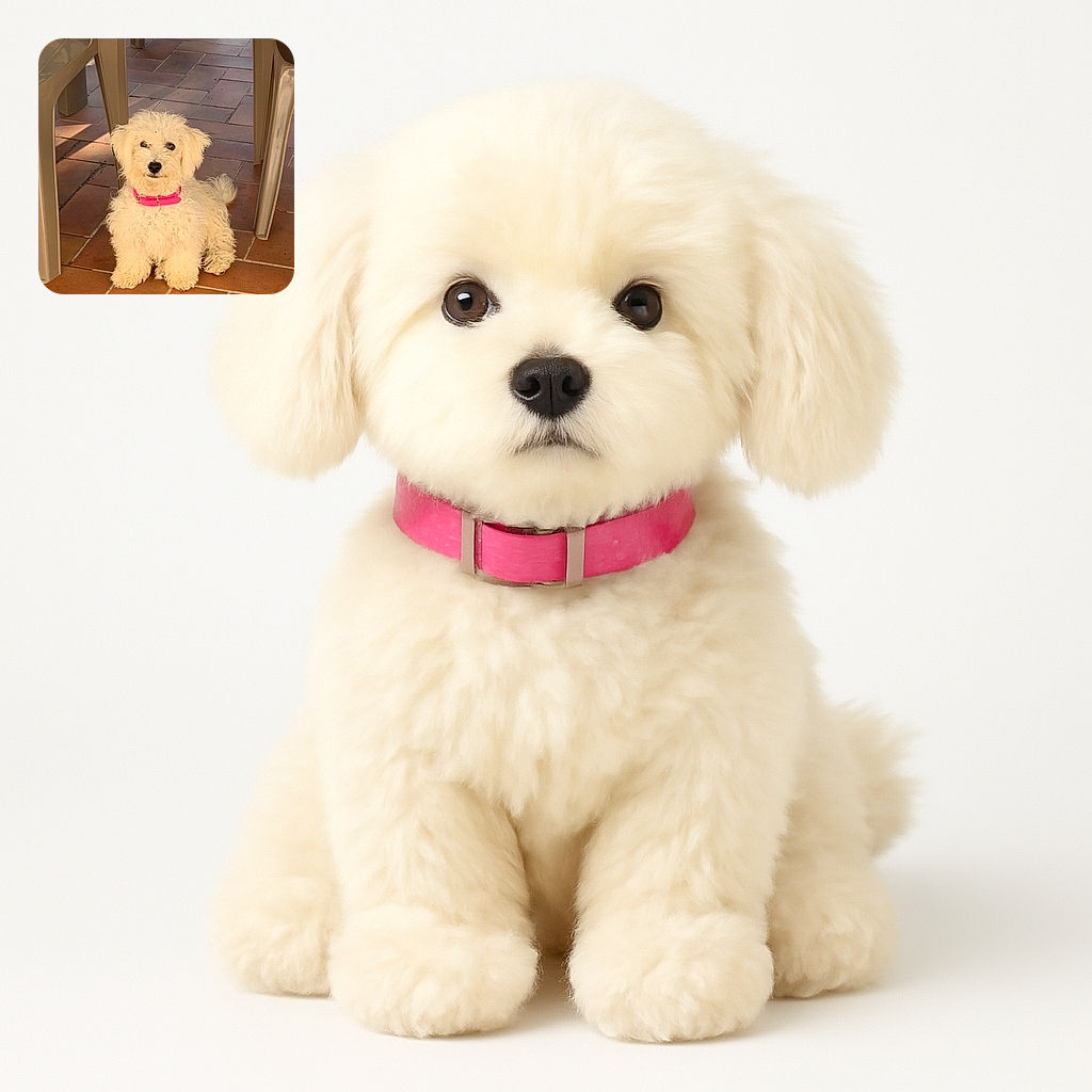 A fluffy white dog with a bright pink collar sits attentively on a tiled floor between beige plastic chairs, basking in warm natural light that highlights its curly fur and curious expression.
