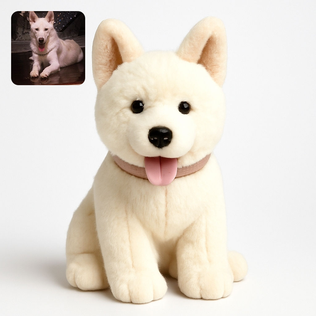 A friendly white dog with pointy ears is lounging on a shiny wooden floor, tongue out in a happy pant. The background is dim with some reflective surfaces, adding a cozy indoor vibe.