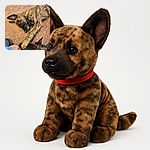 Two playful brindle puppies are having a tug-of-war with a human hand on a wooden floor, showing adorable teeth and a lot of energy in a cozy indoor setting.