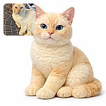 A cream-colored cat with striking blue eyes lounges comfortably on a gray and white checkered pillow, looking directly at the camera with a calm and curious expression.