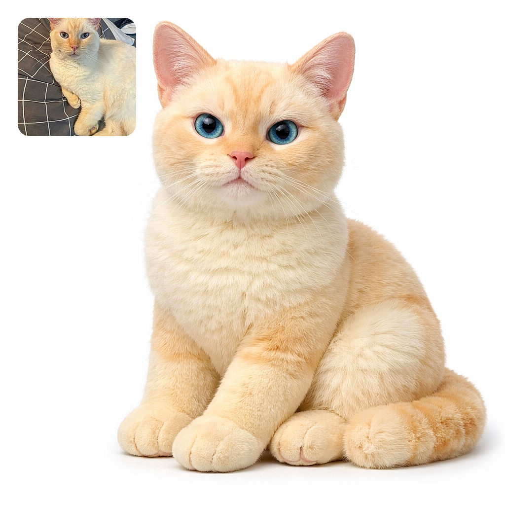 A cream-colored cat with striking blue eyes lounges comfortably on a gray and white checkered pillow, looking directly at the camera with a calm and curious expression.