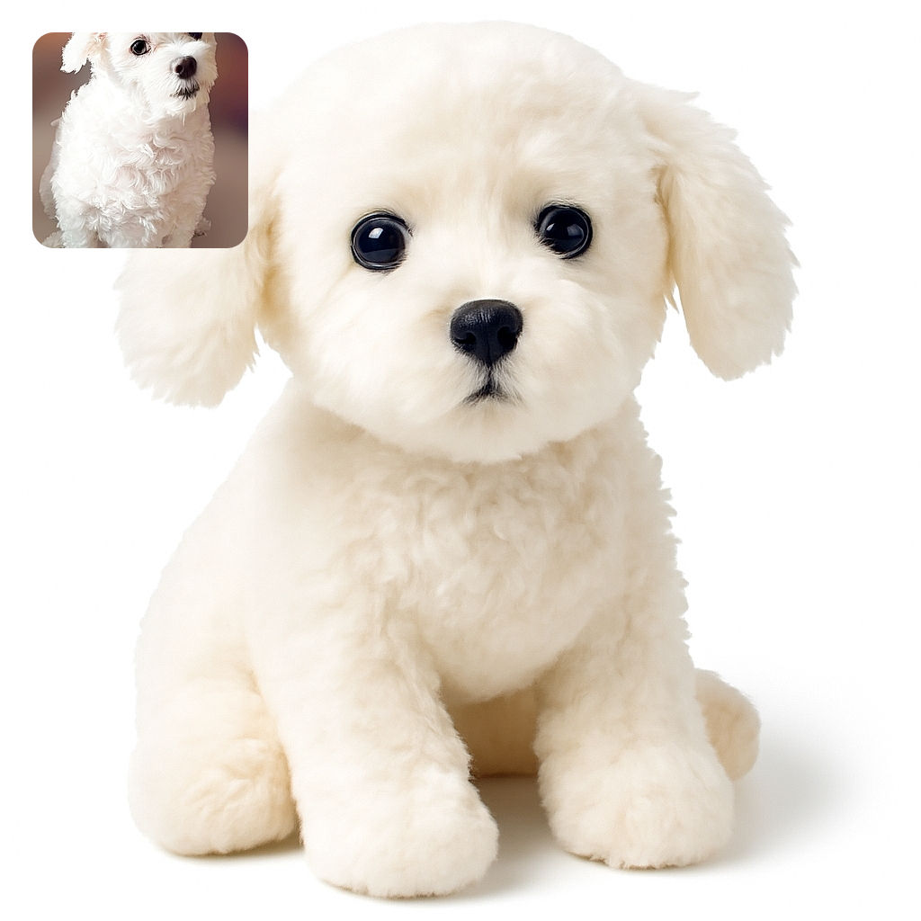 An adorable fluffy white dog with big, soulful eyes and a slightly tilted head, sitting patiently against a soft blurred background that highlights its cuddly fur and charming expression.