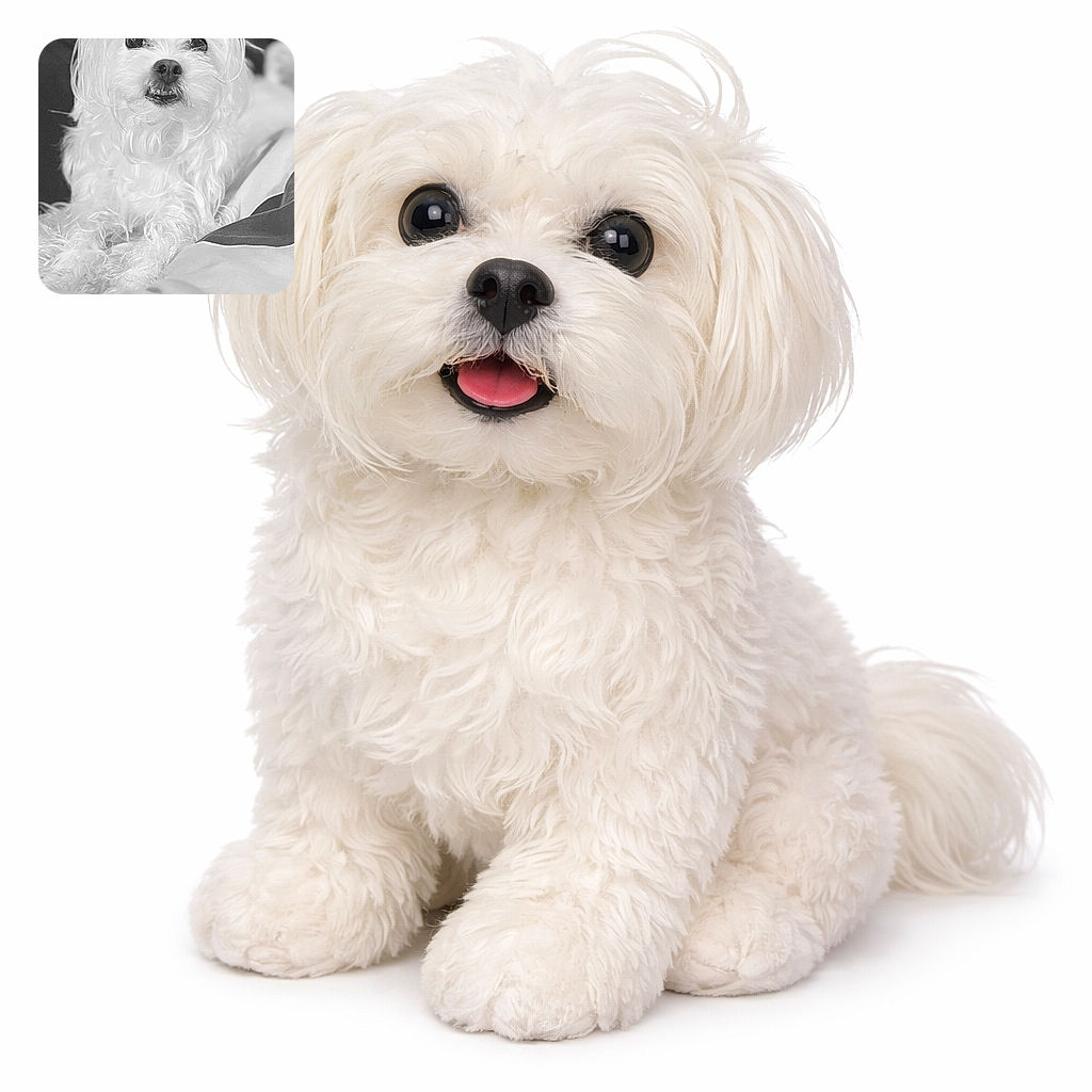 A fluffy white dog with slightly tousled fur lies comfortably on a bed, its eyes wide and curious, looking directly at the camera in a cozy indoor setting.