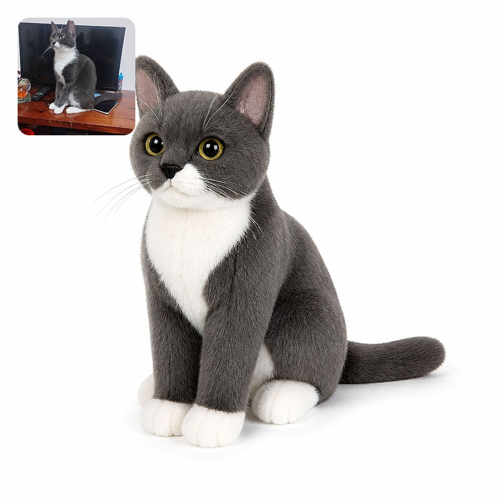 A dignified gray-and-white cat sits like the newly appointed CEO of the entertainment center, presiding over the TV, remote, phone, and a suspiciously colorful collection of desk clutter.