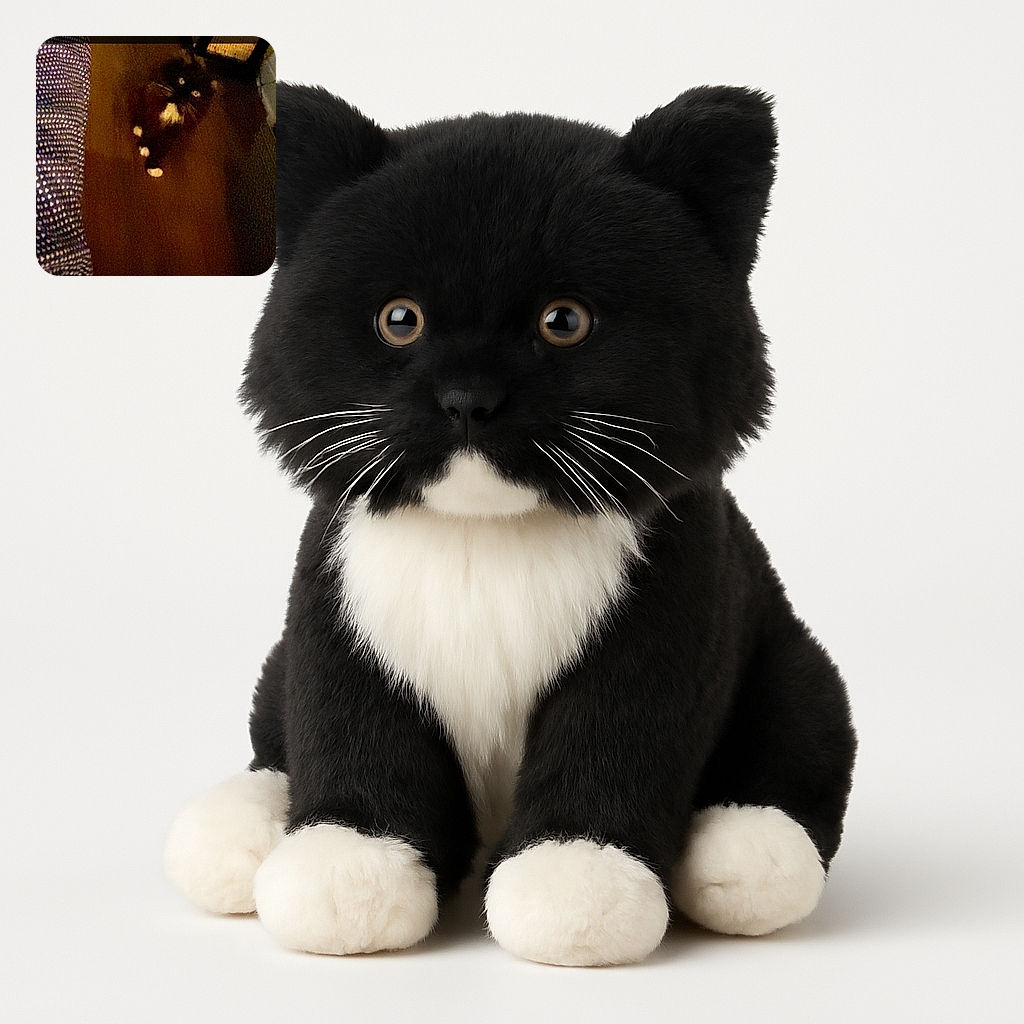 A blurry, dimly lit photo of a black cat with white paws and chest sitting on a brown floor, looking up with wide eyes; the left side shows part of a blue and white patterned fabric.