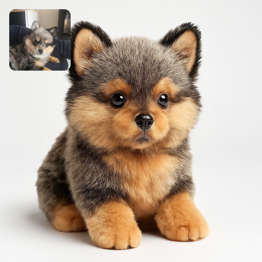A fluffy, wide-eyed puppy with a mix of black, gray, and tan fur lounges comfortably on a dark fabric, gazing curiously at the camera with a cozy indoor background featuring a kitchen counter and appliances.