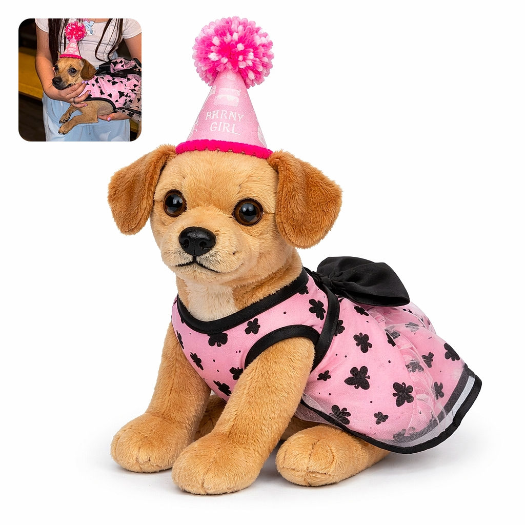 A small dog dressed in a pink butterfly-patterned outfit and a bright pink birthday hat is being gently held by a person wearing a white and light blue outfit. The dog looks calm and slightly curious, while the person's hands cradle the dog securely. The background is softly blurred, emphasizing the festive little birthday star.