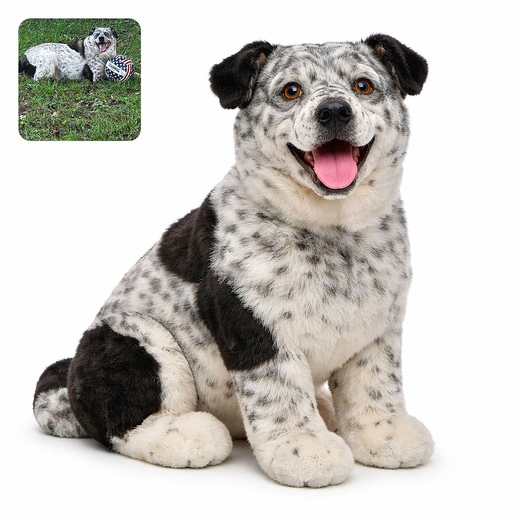 A joyful spotted dog lounges in the grass, tongue out and smiling like it just won fetch — proudly guarding an American‑flag patterned ball labeled 'seasonal' while a wooden fence and scruffy backyard lawn provide a casual, homey backdrop.