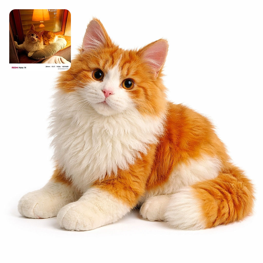 A fluffy ginger-and-white cat lounges like royalty on a window cushion, giving the camera a curious, slightly judgmental stare while a warm lamp and its reflection set a cozy, golden mood.