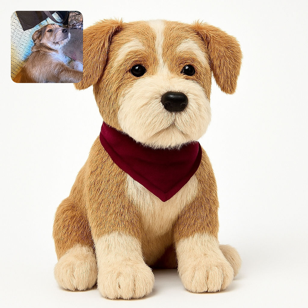 A cozy dog lying down on a knitted blanket, looking relaxed and slightly amused as if it just heard a funny joke. The background features a dark bag and some patterned fabric adding a homey touch.