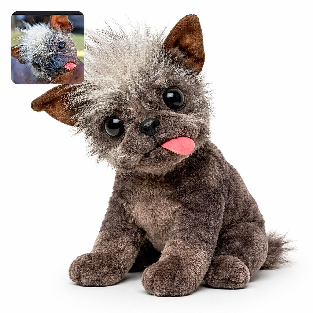 A quirky little dog with wild, spiky white hair and a tongue sticking out playfully, tilting its head in a curious and adorable manner against a blurred outdoor background.