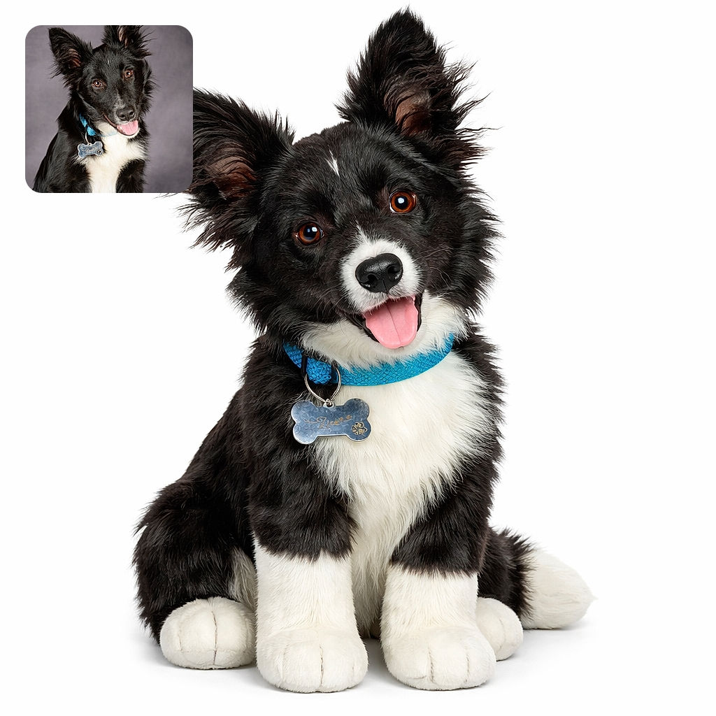 A joyful black-and-white border-collie is posing like a furry supermodel, tongue out and ears perky, wearing a blue collar with a bone-shaped tag against a soft studio backdrop.
