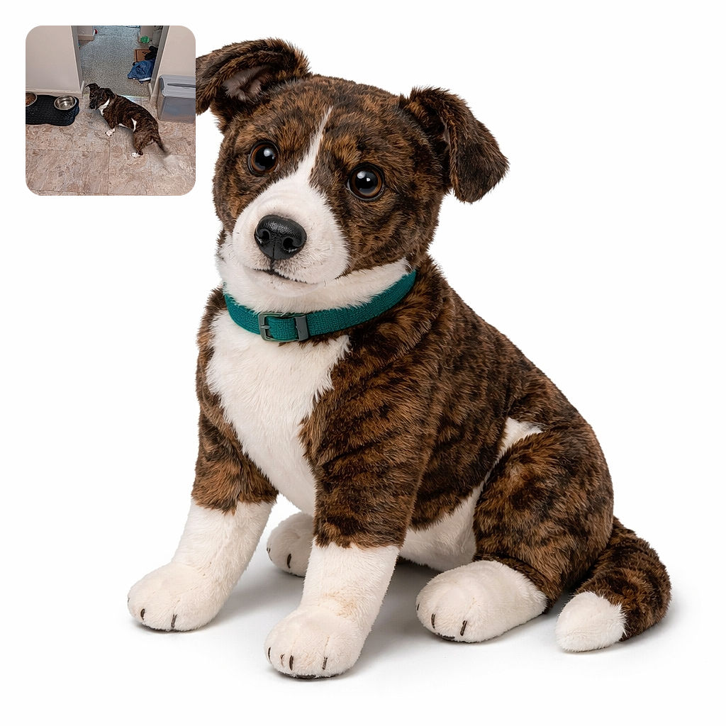 A brindle dog glances back at the camera with a guilty-but-adorable look while standing by its food and water bowls in a home hallway — tail a blur of excitement and a jacket and shoes scattered in the entry.