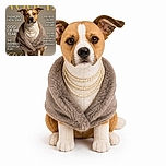 A very serious-looking dog has landed a Vogue cover, draped in a luxurious faux-fur wrap and enough pearl necklaces to make a fashion editor nervous. The studio portrait is polished and sharp, while the surrounding magazine headlines crown this pup the undisputed ruler of haute couture.