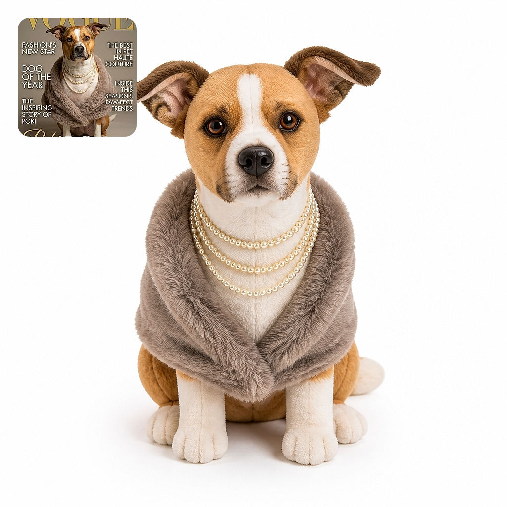 A very serious-looking dog has landed a Vogue cover, draped in a luxurious faux-fur wrap and enough pearl necklaces to make a fashion editor nervous. The studio portrait is polished and sharp, while the surrounding magazine headlines crown this pup the undisputed ruler of haute couture.