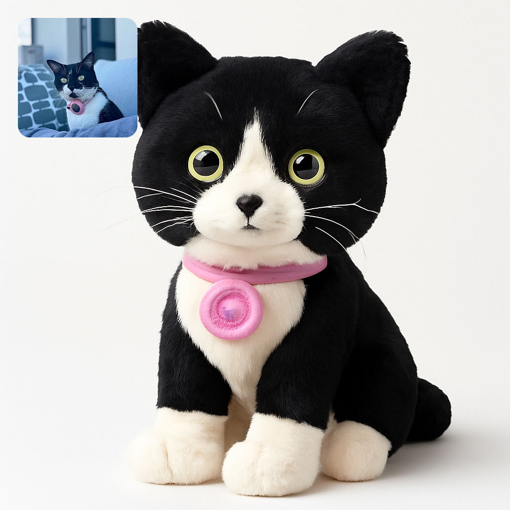 A sharp and cozy portrait of a black and white cat wearing a pink collar, sitting comfortably on a soft blanket with a patterned pillow and a softly blurred background of a modern indoor setting.