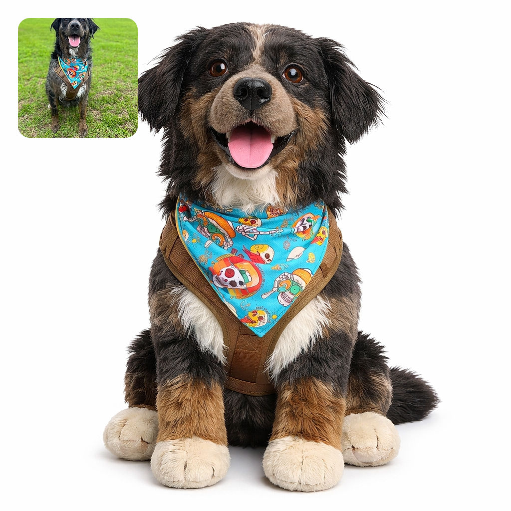 A happy dog wearing a colorful blue bandana with skull designs sits proudly on a lush green field, tongue out and eyes gleaming with joy, looking like the ultimate good boy ready for an adventure.