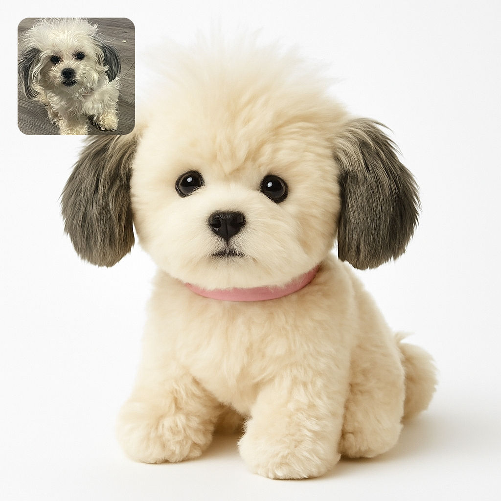 A fluffy little white dog with dark ears and a slightly mischievous expression stands on a wooden floor, looking straight at the camera with curious eyes and a hint of a smile.