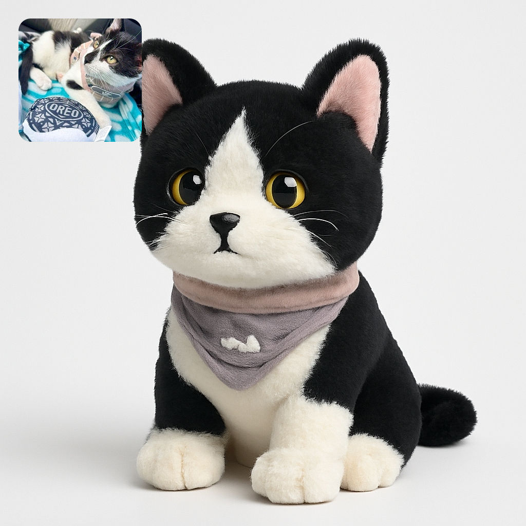 A curious black and white cat lounges on a blue and white striped blanket, gazing intently off-camera with bright yellow eyes. The cat wears a soft harness and rests its paw near a plush Oreo cookie toy, creating a cozy and playful scene inside a car seat.