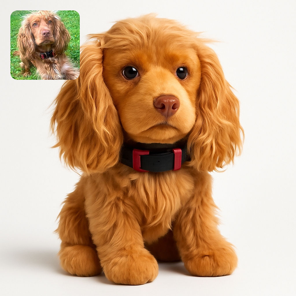 A fluffy golden-brown dog with soulful eyes lounges on a vibrant green lawn, looking like it's ready for a close-up or a belly rub, with its silky ears framing the face like a furry curtain.
