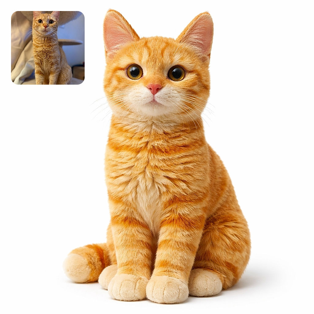 An alert orange tabby sits regal and slightly suspicious, staring straight at the camera with enormous pupils and whiskers on full display. The warm, soft-focus background and plush cat tree give it a cozy indoor portrait vibe, while the detailed fur and perfectly framed ears make it look ready to judge your snack choices.
