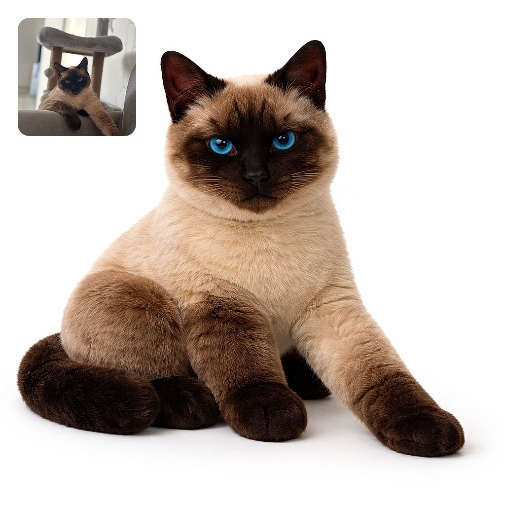 A majestic Siamese cat lounges casually on a gray couch, one paw stretched out like it owns the place. Behind it, a cozy cat tree stands blurred, adding depth and a hint of feline luxury to this perfectly focused portrait.